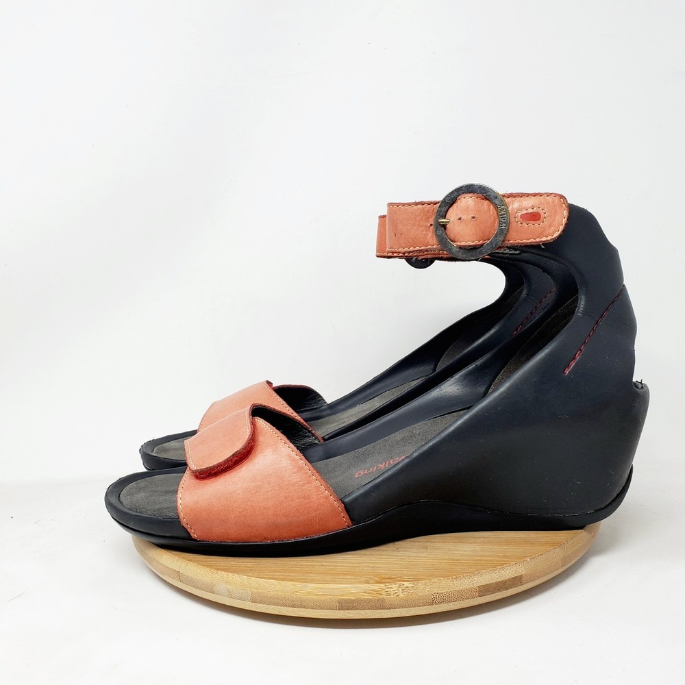Wolky Era Wedge Sandals Womens 41 Faded Red Leather Black Ankle Strap Shoes
